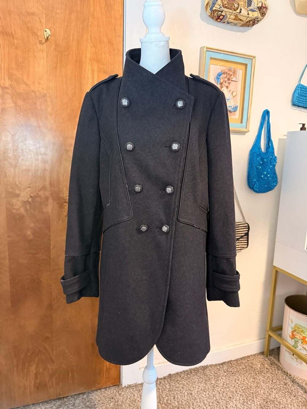 Vintage Guess Black Wool Blend Military Double Breasted Coat Large